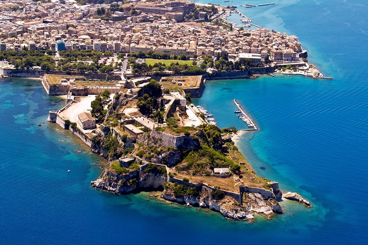 km travel_Old fortress in Corfu, Greece, aerial view