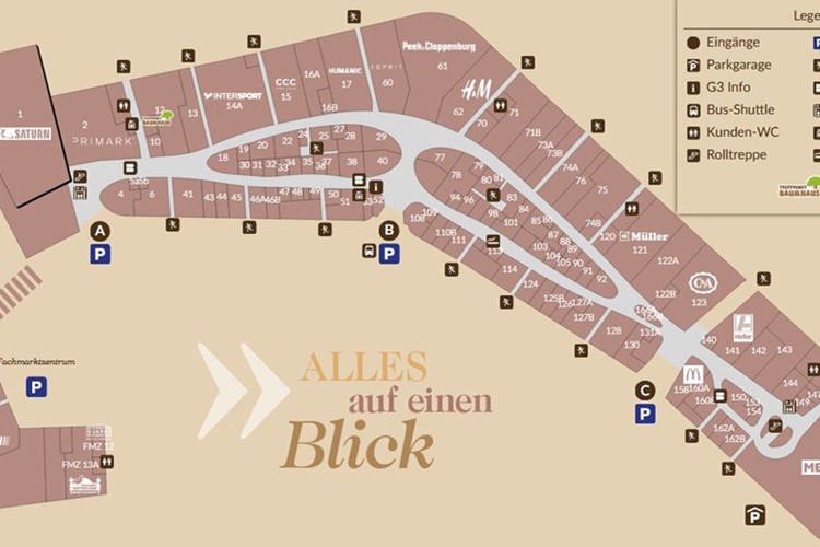 Mapa nákupního centra G3, Vídeň Rakousko, Primark, KM TRAVEL