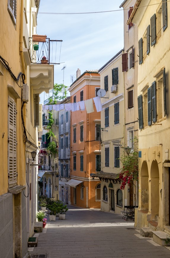 km travel_Street in the old town of Corfu island, Greece